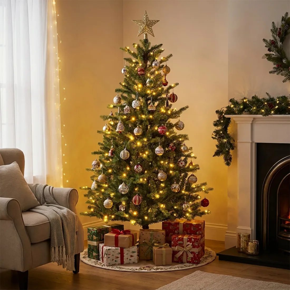 SAPIN artificiel Allison pré-illuminé 180 cm - dans un salon décoré