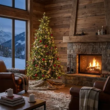 SAPIN artificiel Allison pré-illuminé 240 cm - dans un chalet décoré