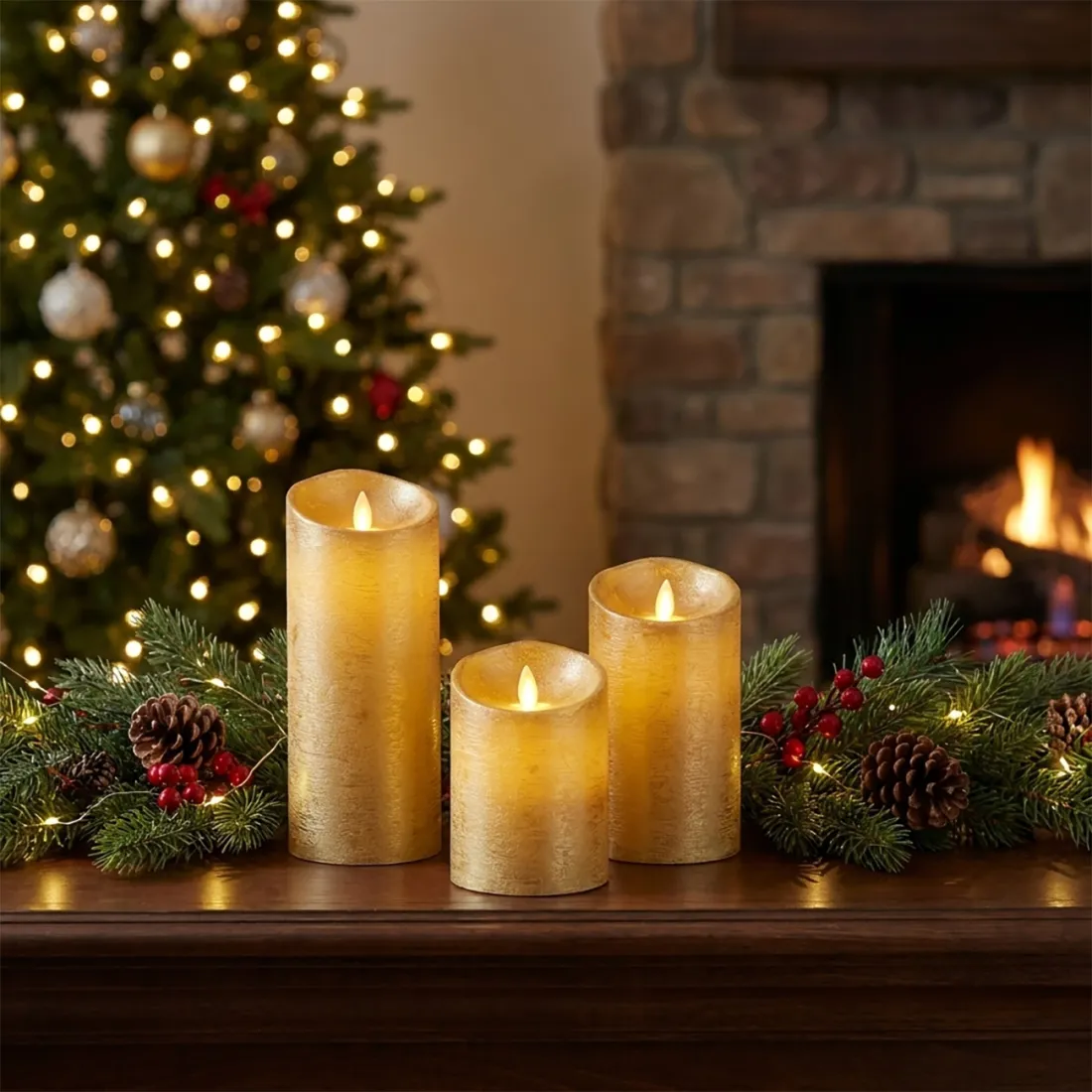 lot de 3 bougies LED scintillante et vacillante dorée