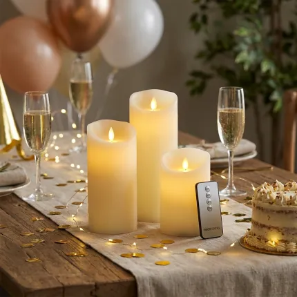 Set de 3 bougies pilier blanches flamme LED scintillante et oscillante - Mise en situation