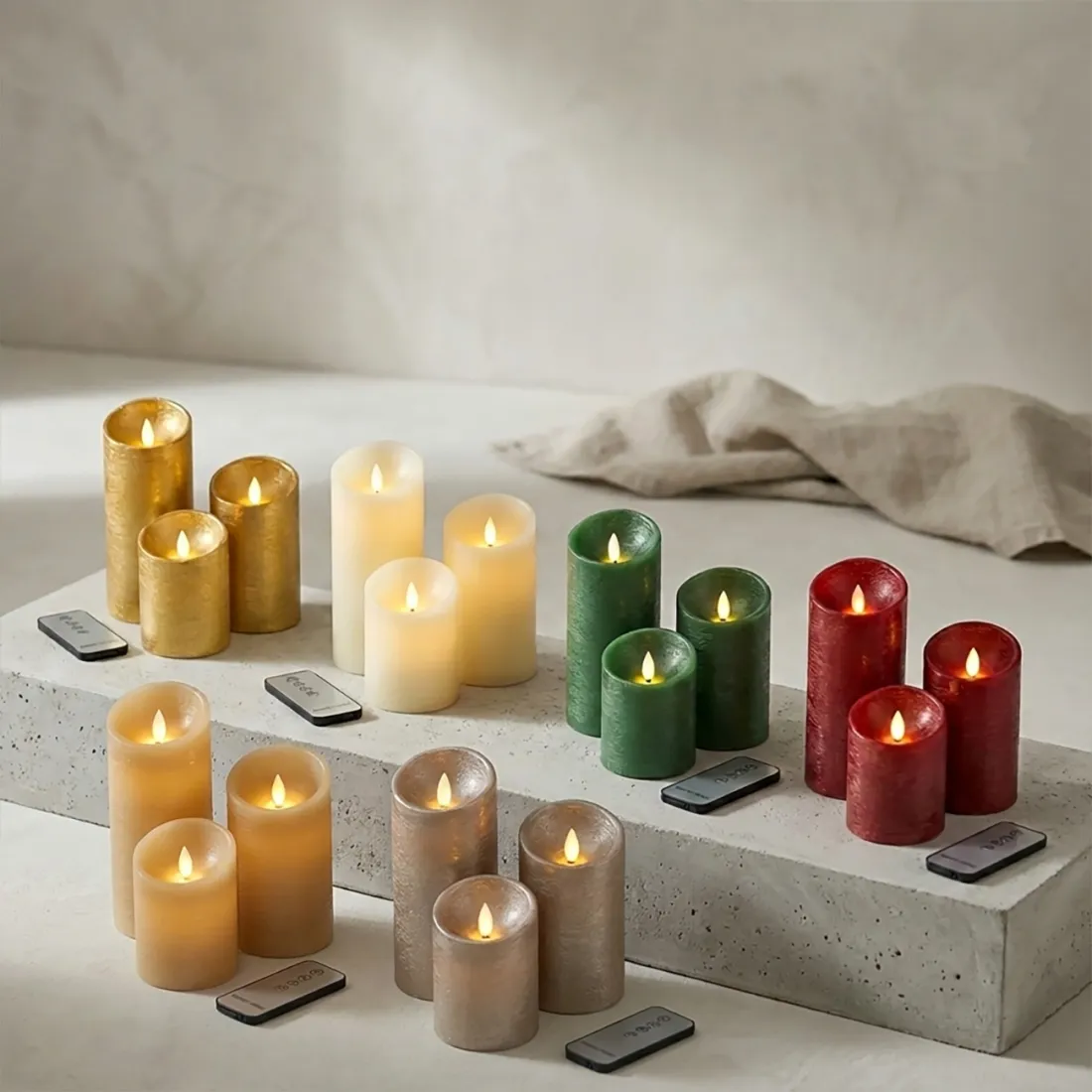 sets de 3 bougies colorées flamme LED scintillante et oscillante - présentation de divers coloris