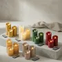 sets de 3 bougies colorées flamme LED scintillante et oscillante - présentation de divers coloris