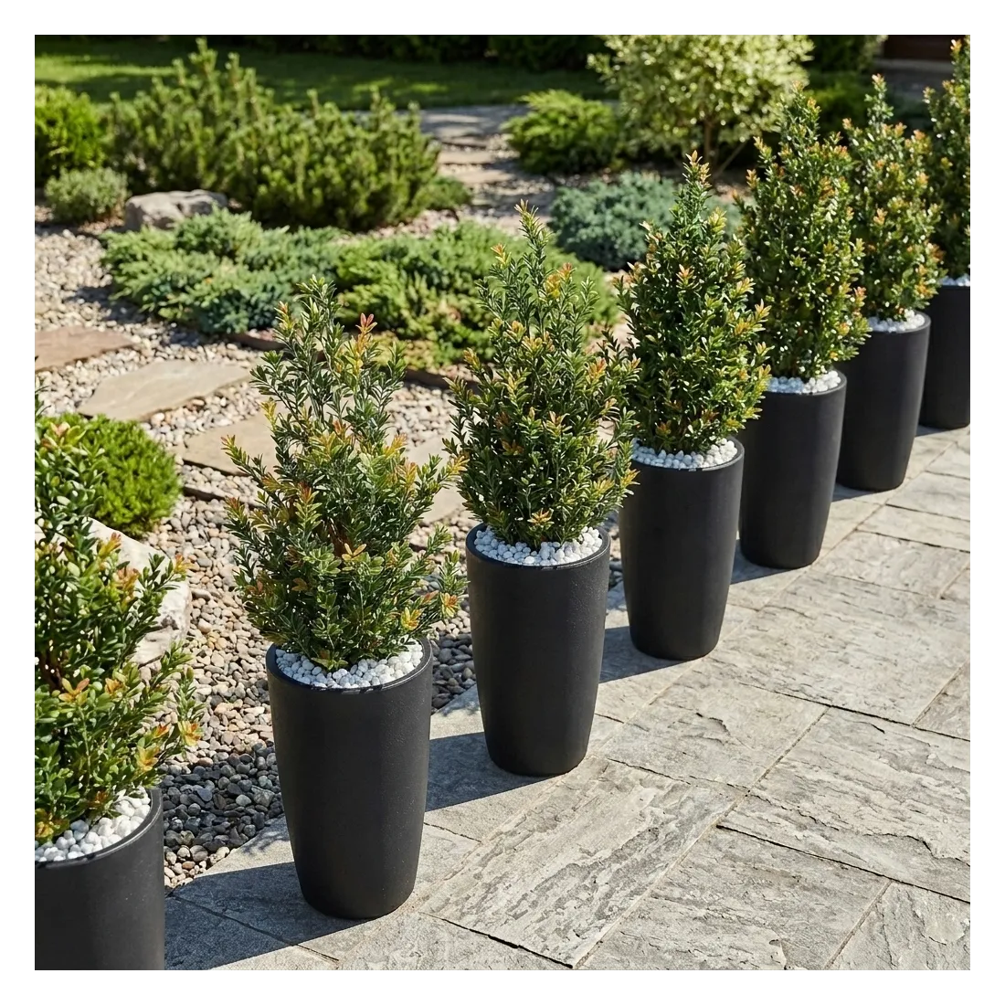 BUIS artificiel buisson conique 100 cm dans pot meti dans un jardin