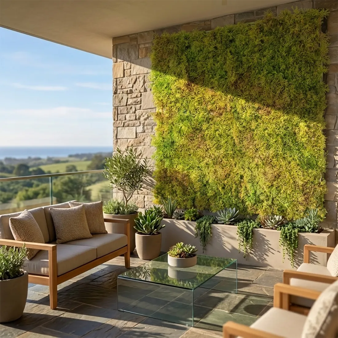 Plaque de mousse ISLANDE artificielle 25 cm x 50 cm 3 tons - sur un mur d'une terrasse