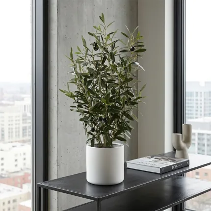 OLIVIER artificiel buisson en pot 65 cm sur un meuble