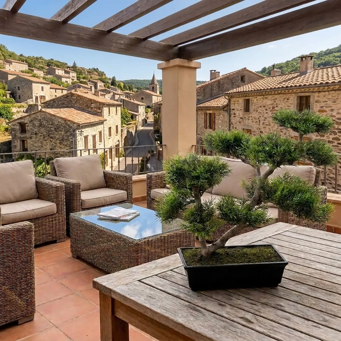 BONSAI artificiel CONIFERE 40 cm sur une terrasse en Ardèche