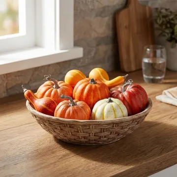 CITROUILLE artificielle coloquinte 14 cm  et divers citrouilles dans un saladier dans une cuisine