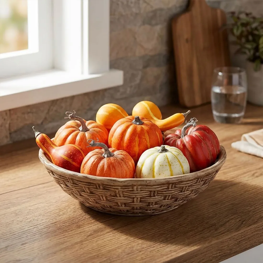 CITROUILLE artificielle coloquinte 14 cm  et divers citrouilles dans un saladier dans une cuisine