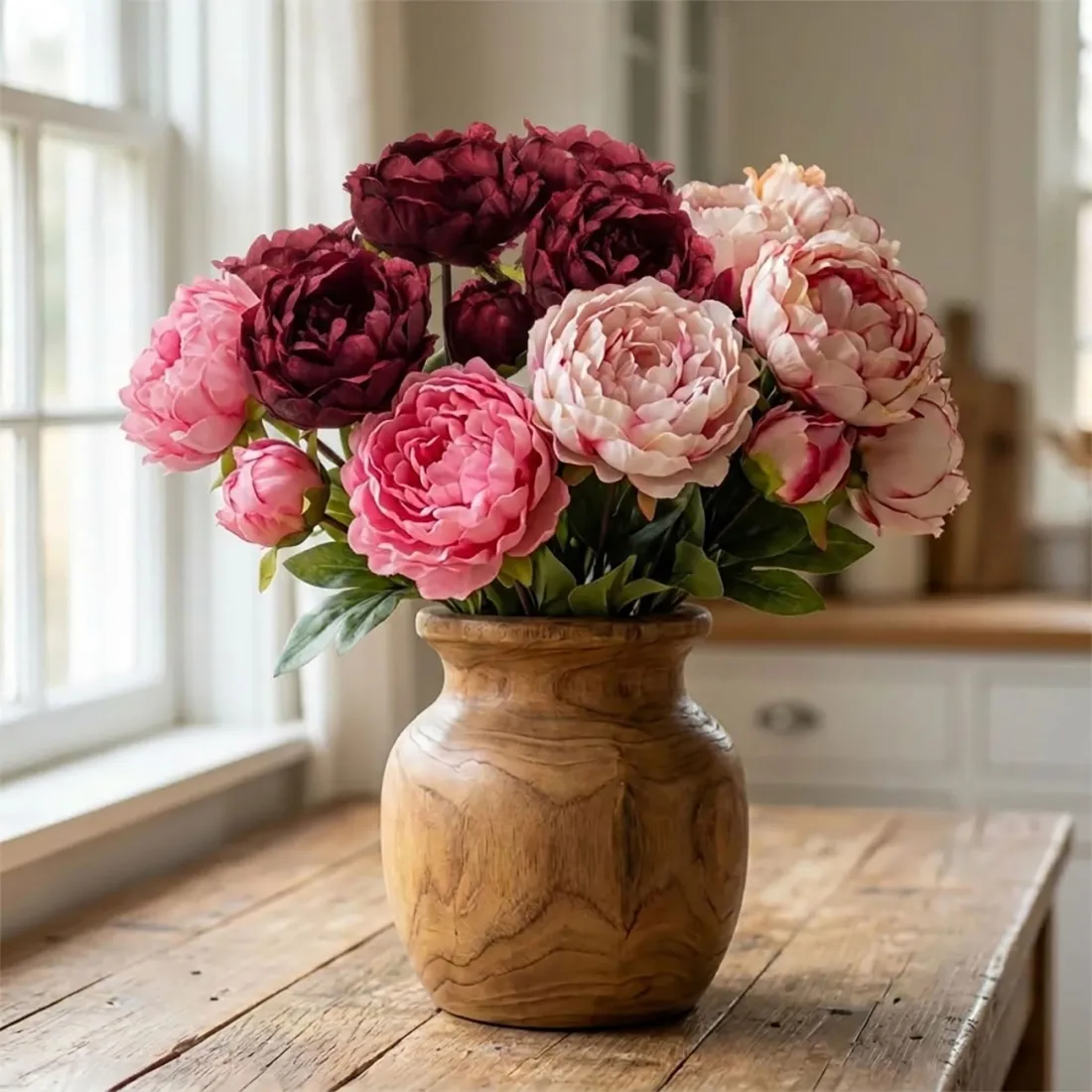 bouquet de PIVOINE artificielle 50 cm dans un vase en bois