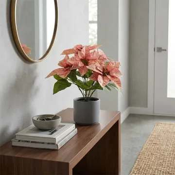 POINSETTIA artificiel 45 cm en pot en situation dans une entrée sur une console
