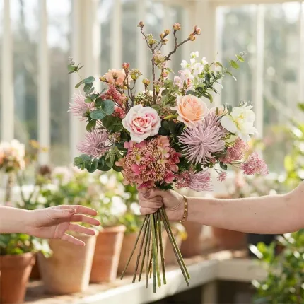 bouquet artificiel pastel 75 cm dans une main