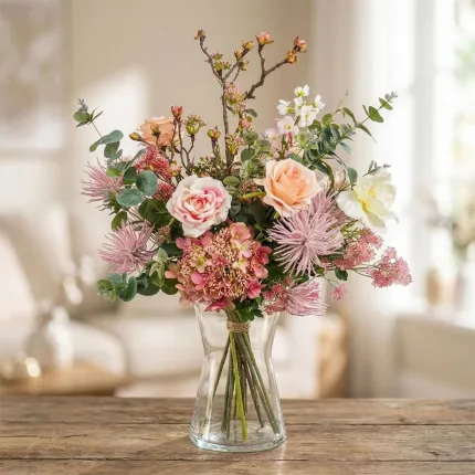 bouquet artificiel pastel 75 cm sur une table dans un salon