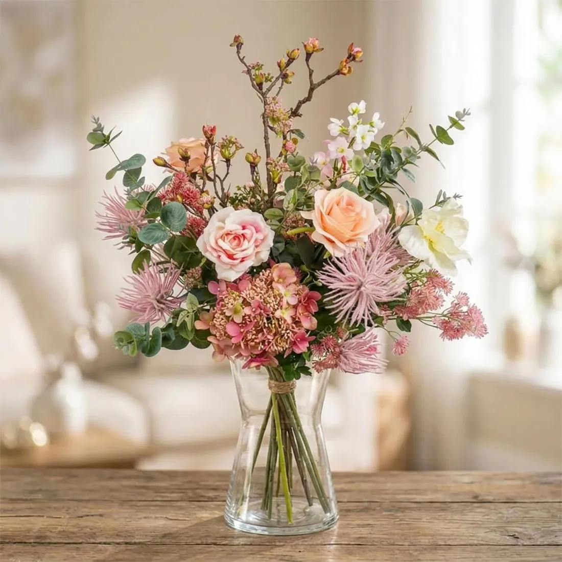 bouquet artificiel pastel 75 cm sur une table dans un salon