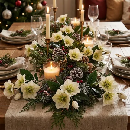 Hellebore ou Rose de Noel artificielle 34 cm sur une table de noël