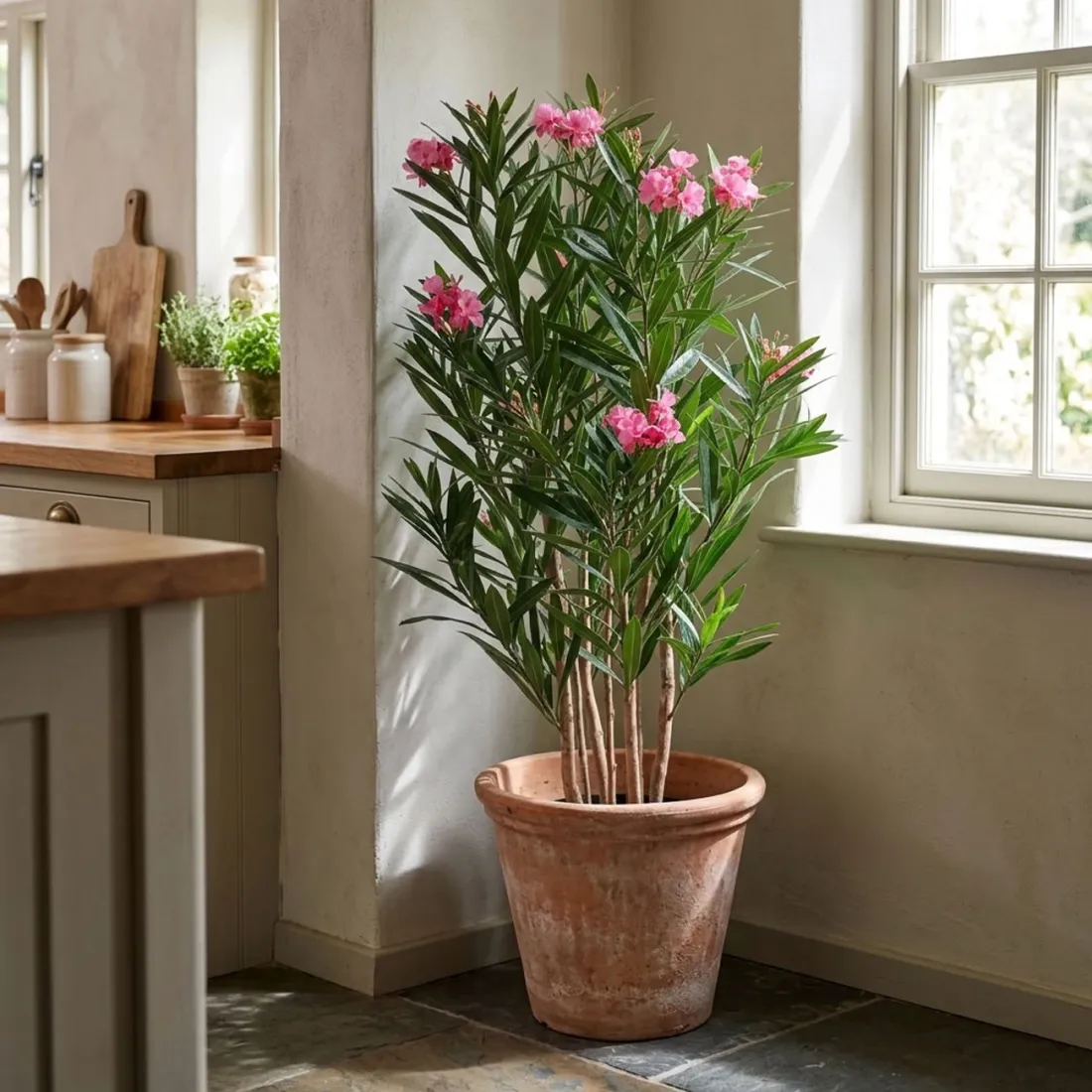 Laurier rose artificiel en fleurs 140 cm- dans une cuisine
